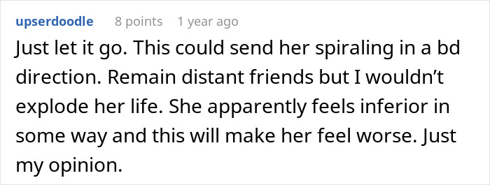 Text comment about a woman deciding to lie about her career and the negative impact on personal relationships.