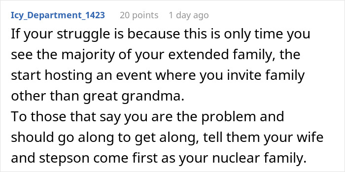 Screenshot of a Reddit comment discussing family struggles involving a man&rsquo;s grandma and his stepson.