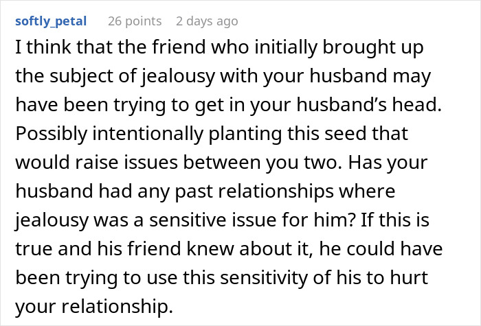 Comment discussing jealousy issues and how a friend might have influenced a husband in a trusting relationship.