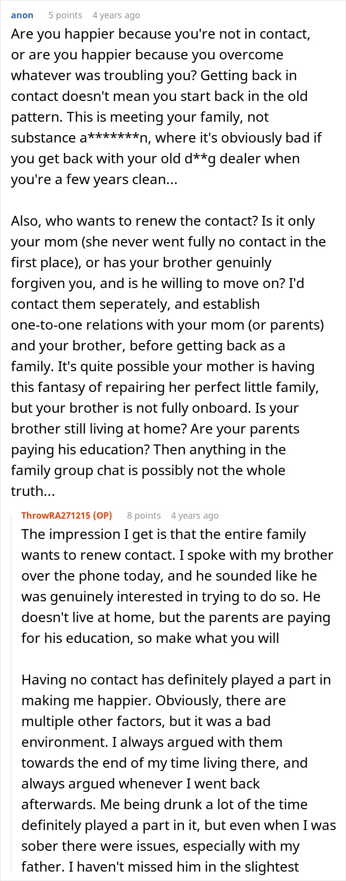 Online discussion about family deciding to forgive man for beating his brother five years ago and tensions in their tone.