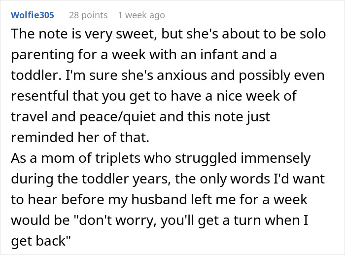 User comment discussing a husband's note to wife and her feelings about solo parenting and anxiety during his travel week.