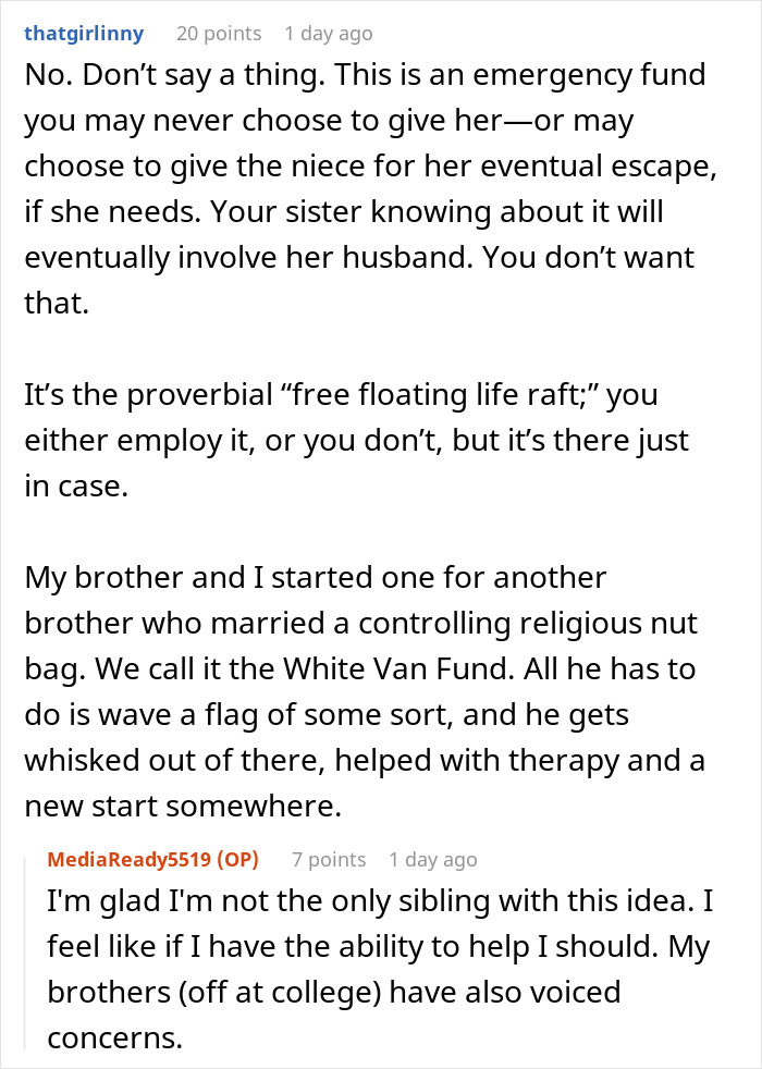 Reddit post discussing a woman worried about her sister who became a tradwife and starts a secret emergency fund.