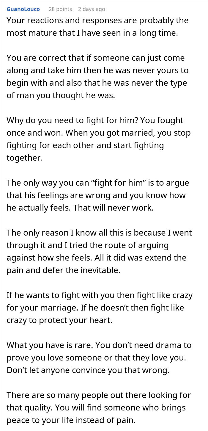 Comment discussing a woman venting about her husband leaving her due to trust and lack of jealousy in their relationship.
