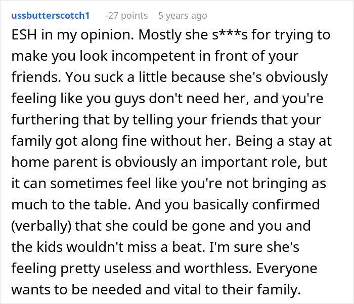 Reddit comment screenshot discussing guy embarrasses wife and family dynamics, long paragraph text