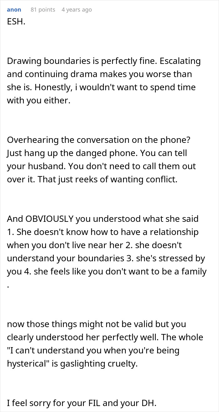 Comment discussing ruining family relationship by lying involving a mother-in-law and setting boundaries.