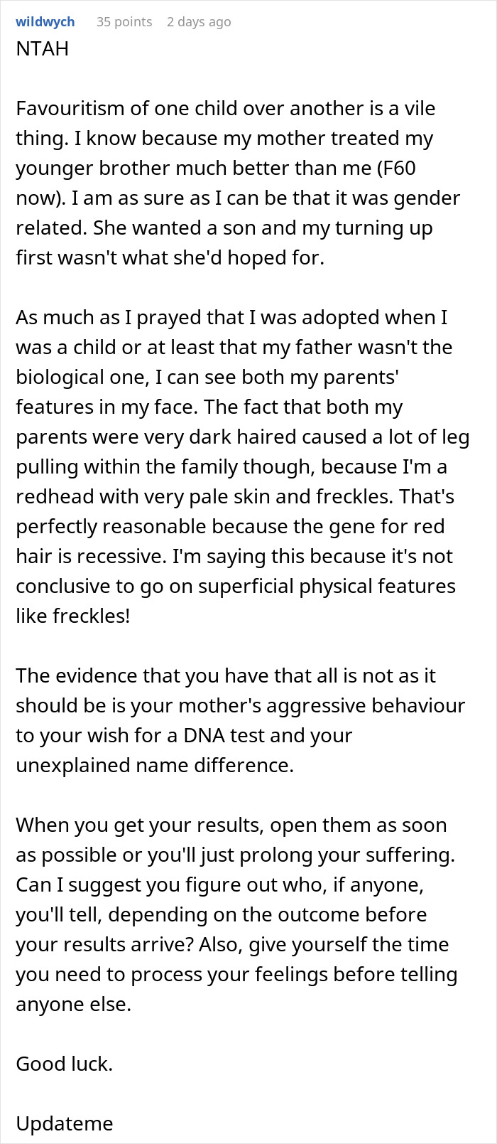 Comment discussing a mother strongly opposing a daughter's DNA test, increasing her desire to take it even more. Comment discussing a mother strongly opposing a daughter's DNA test, increasing her desire to take it even more.
