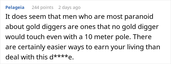 Screenshot of an online comment discussing boyfriend fears about golddiggers and their paranoia in relationships.