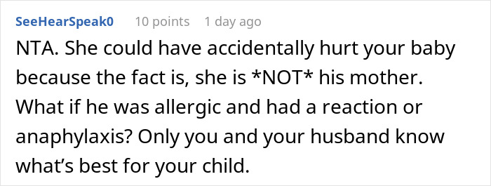 Reddit comment screenshot about a mom takes her baby and storms off after MIL tried to take over feeding