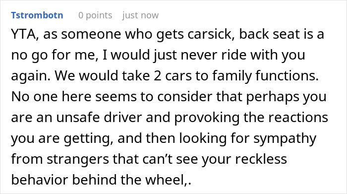 Screenshot of a Reddit comment discussing anxiety meltdown risks and banning wife from front seat after meltdown.