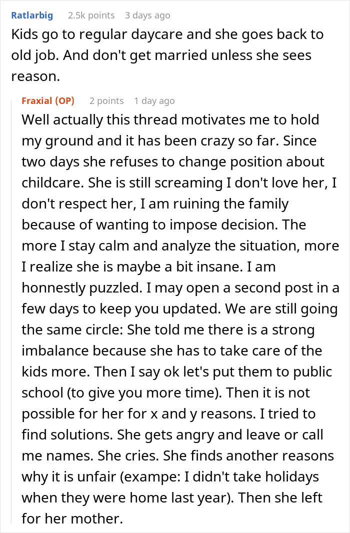 Reddit screenshot of comments on childcare and conflict, man feels like his GF's ATM