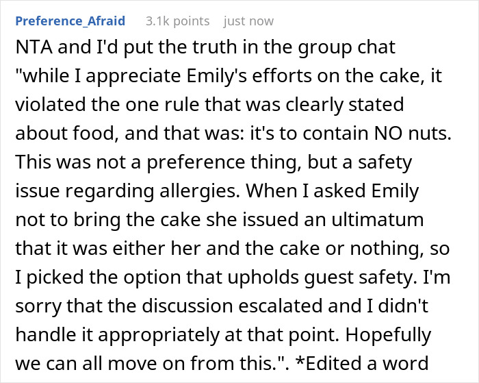 Reddit comment explaining how a guest ignored food allergy restrictions set by party host causing safety concerns.