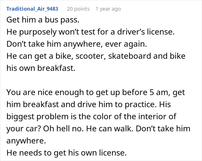 Text comment advising to stop driving ungrateful brother who won&rsquo;t get his own license after damaging sister&rsquo;s girly car.