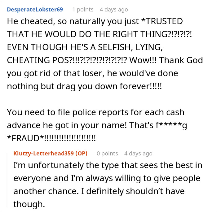 Reddit comments discussing a husband blaming SAHM wife for financial problems leading to divorce and fraud concerns.