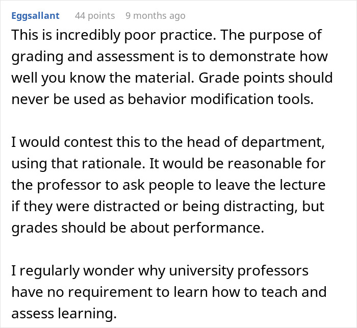Comment discussing students push back after professor enforces phone rule affecting grades without prior warning.