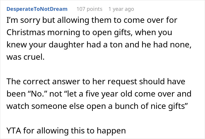 Reddit comment criticizing a dad for giving daughter 27 Christmas presents while her half-brother only gets one. Reddit comment criticizing a dad for giving daughter 27 Christmas presents while her half-brother only gets one.