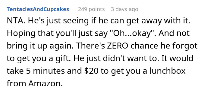Screenshot of a Reddit comment discussing a man failing to buy Christmas presents and his excuse about the holiday sneaking up on him.