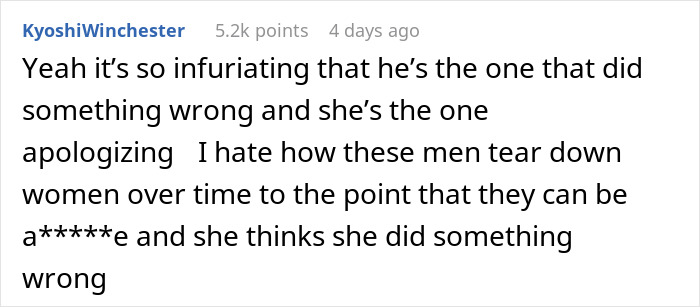 Comment discussing husband&rsquo;s weird behavior at dinner and wife&rsquo;s reaction, highlighting conflict and use of past against her.
