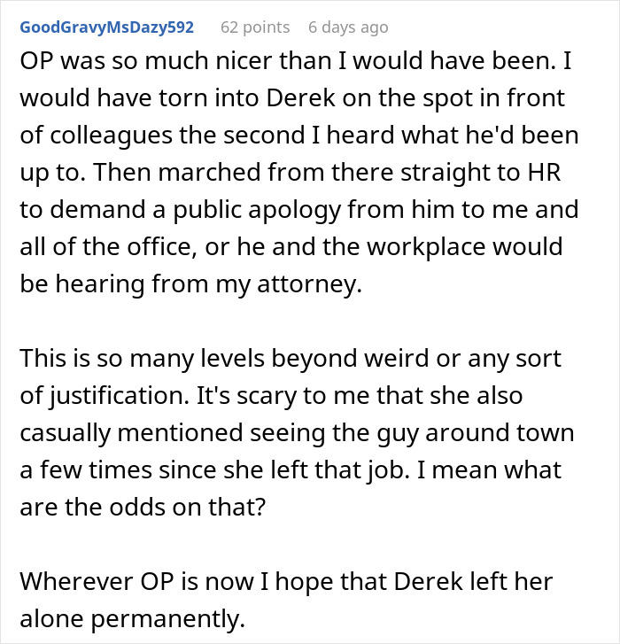 Comment discussing a married lady shocked by coworker claiming they are hitched, describing workplace confrontation and frustration.
