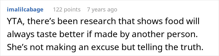 Comment discussing how food tastes better when made by another person, related to chef girlfriend and boyfriend not going to restaurants.