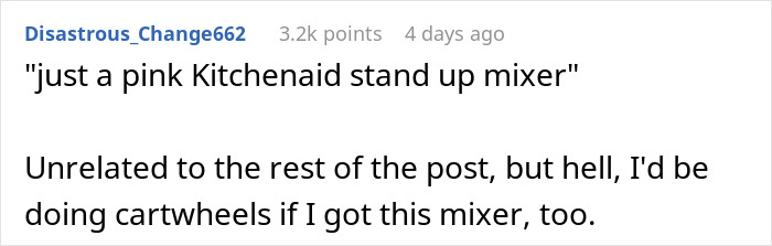 Screenshot of a Reddit comment discussing a pink Kitchenaid mixer, humorously unrelated to bros too broke to pitch in.