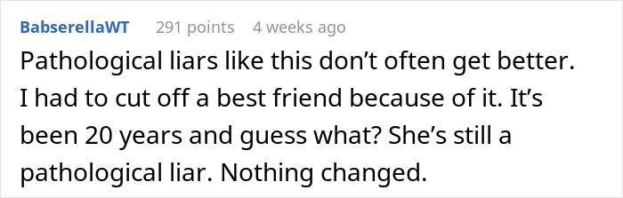 Comment excerpt about a woman who is a pathological liar, shared in an online forum discussion.