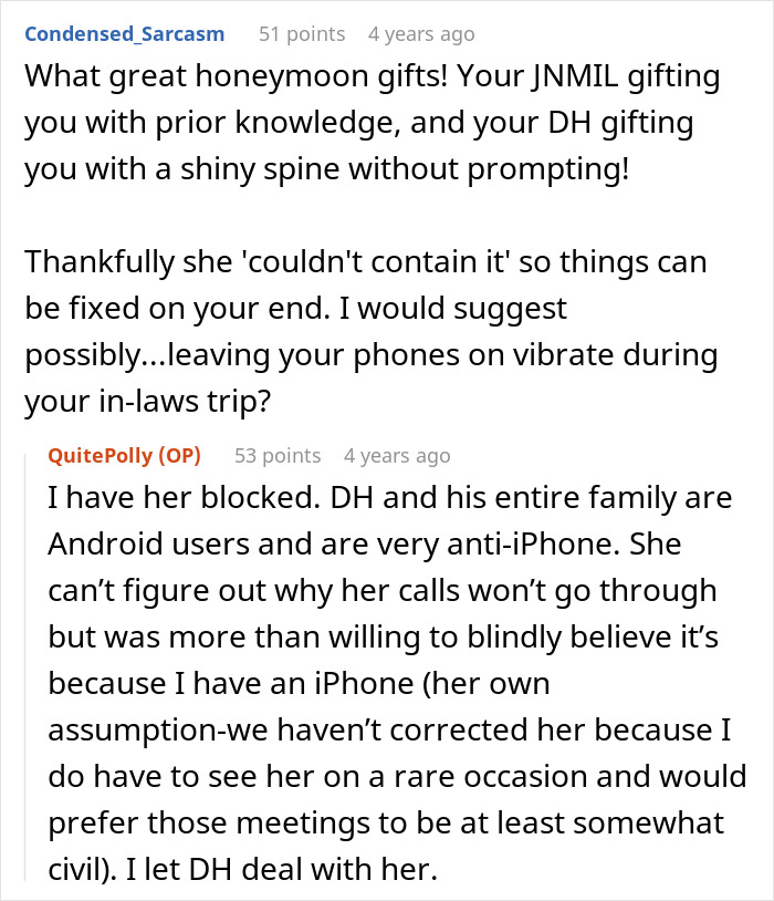 Chat conversation discussing husband parents coming honeymoon surprise and managing family tensions on phone use.