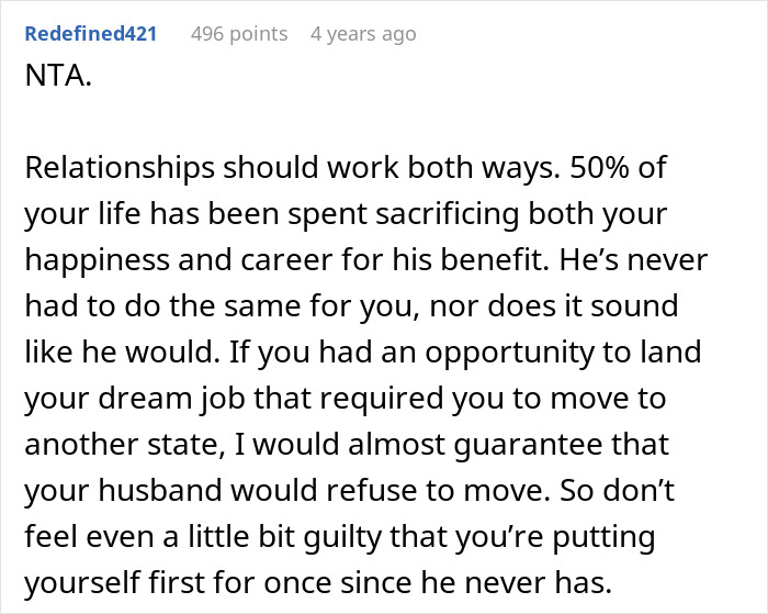 Text post discussing a woman refusing to move again after decades relocating for husband&rsquo;s career, prioritizing herself.