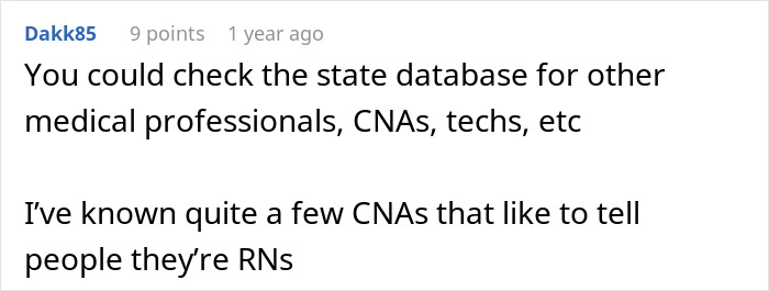 Screenshot of an online comment discussing a woman who lies about her career and claims to be an RN.