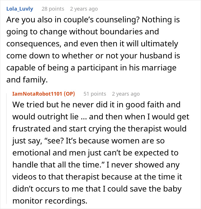 Reddit conversation highlighting a fed up wife matching useless hubby&rsquo;s energy, desperate to escape toxic marriage dynamics.