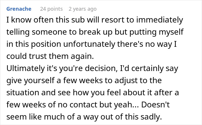 Comment discussing trust issues and advice on dealing with a lying boyfriend who went on a trip with a female friend.