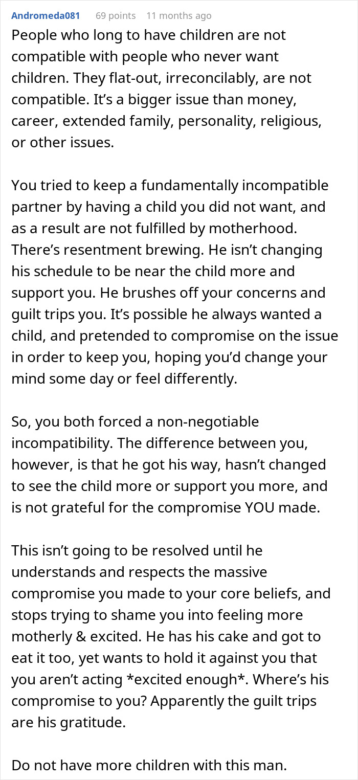 Reddit comment screenshot about incompatibility with partner and resentment, mom regrets becoming a parent and feels stuck.