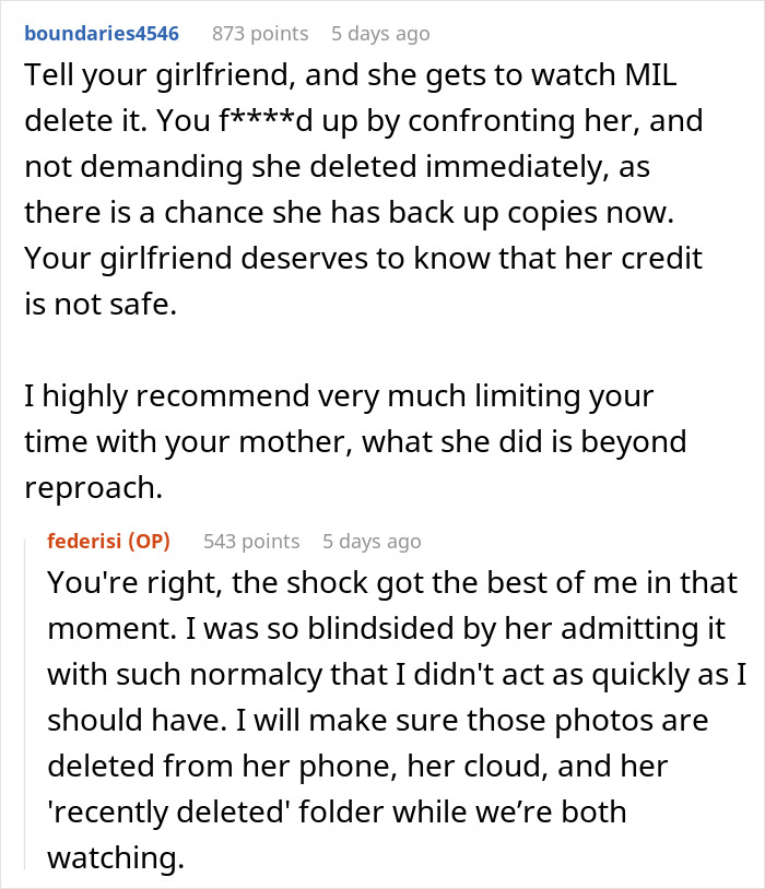 Screenshot of a Reddit conversation about a mother secretly taking photos of girlfriend’s ID from her wallet.