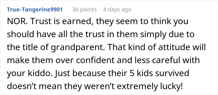Reddit comment discussing distrust in in-laws' babysitting due to concerns over grandchild safety and overconfidence. Reddit comment discussing distrust in in-laws' babysitting due to concerns over grandchild safety and overconfidence.