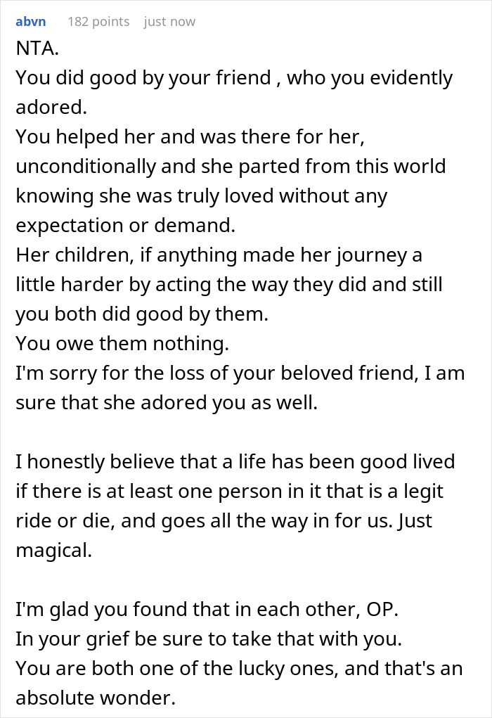 Reddit comment expressing support and reflections on grief involving step kids mom and loss of money issues.