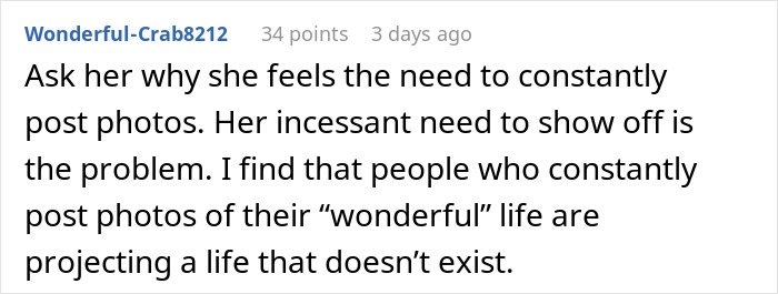 Comment on social media post about woman uncomfortable, highlighting her discomfort with constant photo sharing and showing off.