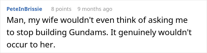 Comment about man secretly playing video games and buying Star Wars figures after wife bans hobbies, shared on forum.