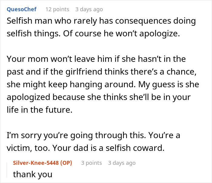 Screenshot of a Reddit conversation discussing a dad&rsquo;s mistress texting his adult daughter exposing a months-long affair.