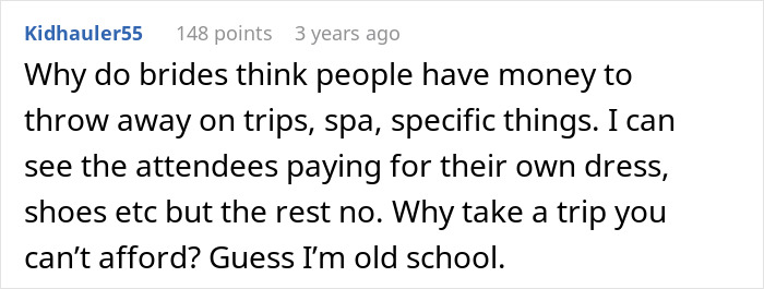 Screenshot of a user comment discussing brides and guests paying for wedding-related expenses, highlighting bridezilla behavior.