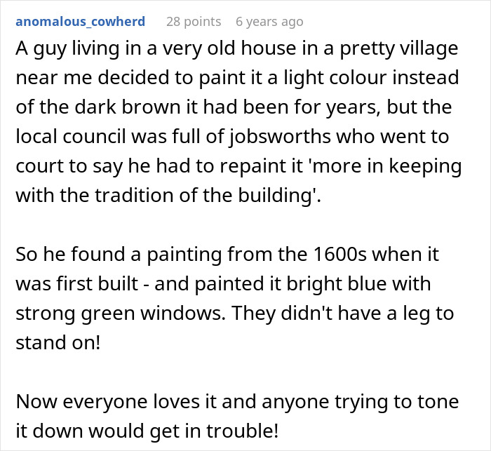 Screenshot of a user story about a homeowner defying HOA president&rsquo;s power trip over house paint colors.