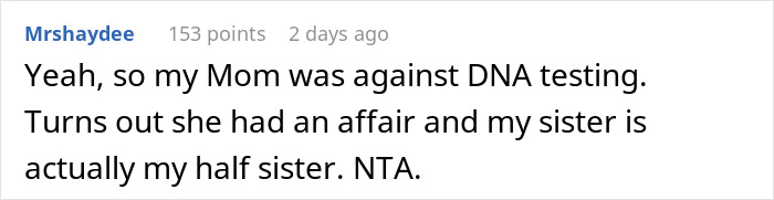 Comment about mom being against daughter getting a DNA test, revealing family secrets and half-sister discovery. Comment about mom being against daughter getting a DNA test, revealing family secrets and half-sister discovery.