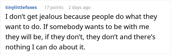 Comment from woman venting about husband leaving her due to trust and not feeling jealous in a relationship.