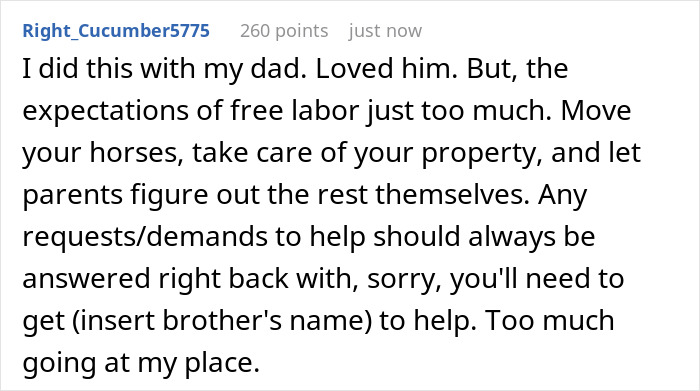 Comment about parents treating daughter as family for labor and business for money, expressing frustration and boundaries. Comment about parents treating daughter as family for labor and business for money, expressing frustration and boundaries.