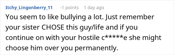 Comment about a woman worried about her sister who became a tradwife and the consequences of hostile behavior.