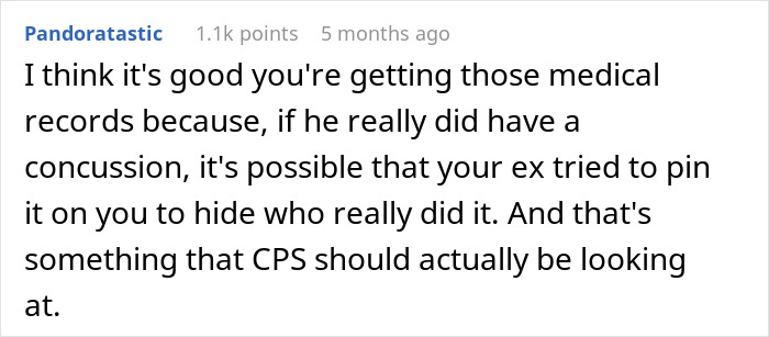 Comment from user Pandoratastic discussing medical records and CPS involvement in a family accusation case.