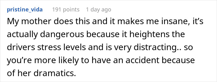 Comment about anxiety meltdown causing dangerous driving distraction shared in an online discussion thread.