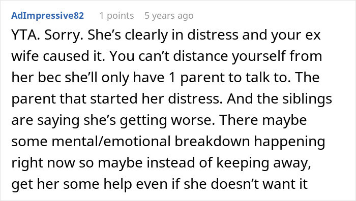 Comment discussing a dad feeling guilty for distancing himself from daughter during messy divorce and discovering heartbreaking truth.