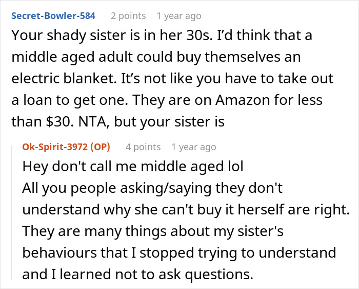 Reddit thread discussing a heated blanket gift, sister complaining when mom gets it instead. Reddit thread discussing a heated blanket gift, sister complaining when mom gets it instead.