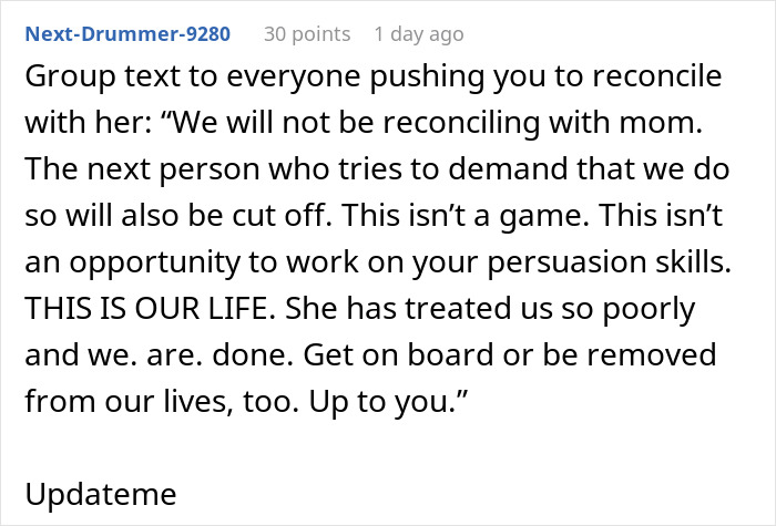 Group text message about no-contact decision due to evil lady mistreating son and daughter-in-law after hospital incident. Group text message about no-contact decision due to evil lady mistreating son and daughter-in-law after hospital incident.