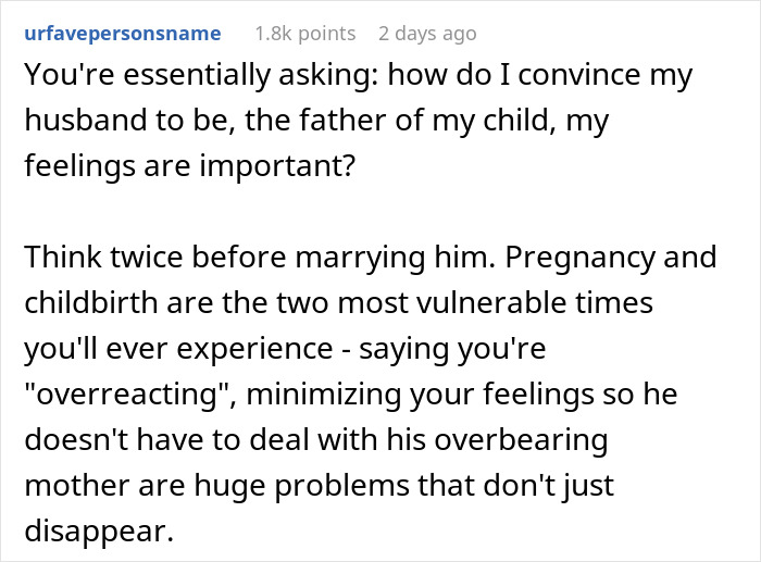 Alt text: Pregnant woman and fianc&eacute; discuss boundaries as she doesn&rsquo;t want his mom in the delivery room, seeking compromise.