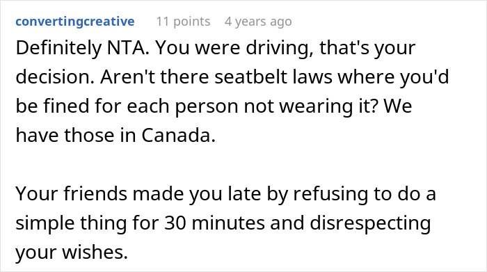 Comment discussing woman refusing to drive until friends buckle seat belts, causing tension during road trip.